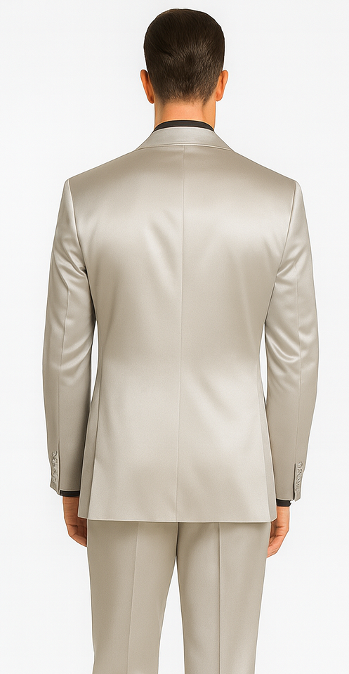 Silver Satin Skinny Fit 3 Piece Tazzio Men's Suit with Peak Lapel Jacket and Double Breasted Vest