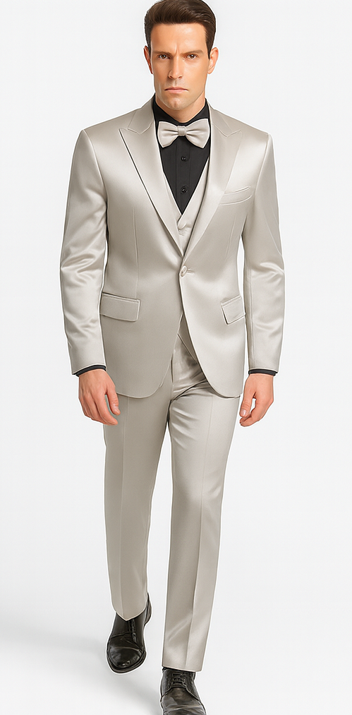 Silver Satin Skinny Fit 3 Piece Tazzio Men's Suit with Peak Lapel Jacket and Double Breasted Vest
