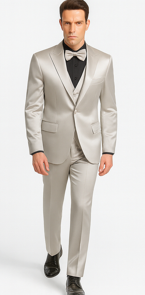 Silver Satin Skinny Fit 3 Piece Tazzio Men's Suit with Peak Lapel Jacket and Double Breasted Vest