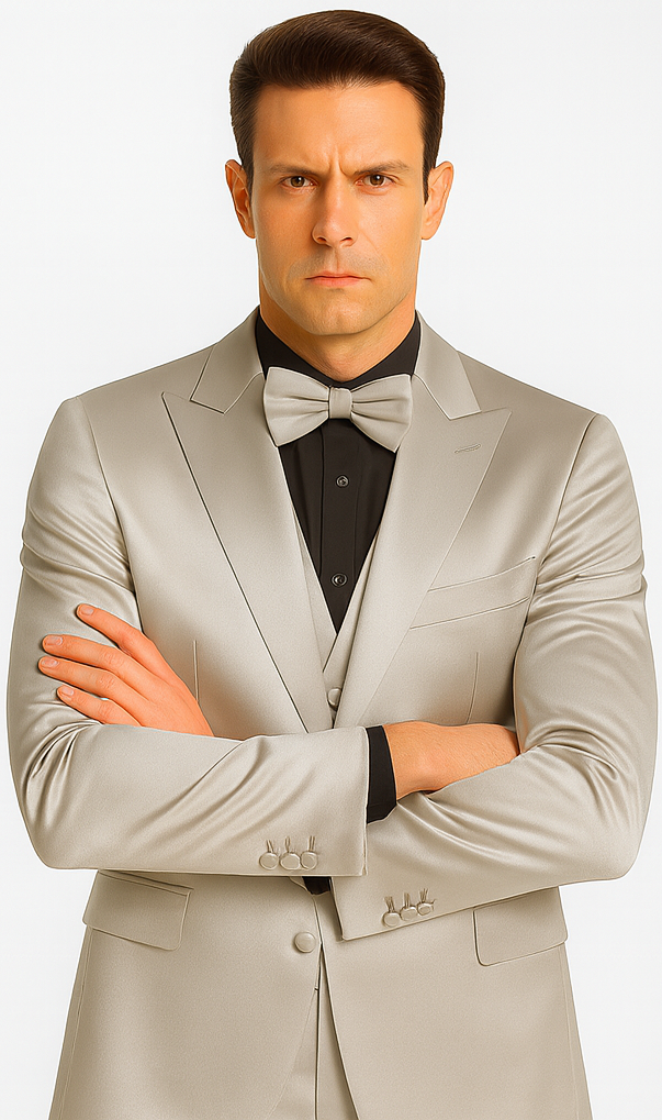 Silver Satin Skinny Fit 3 Piece Tazzio Men's Suit with Peak Lapel Jacket and Double Breasted Vest