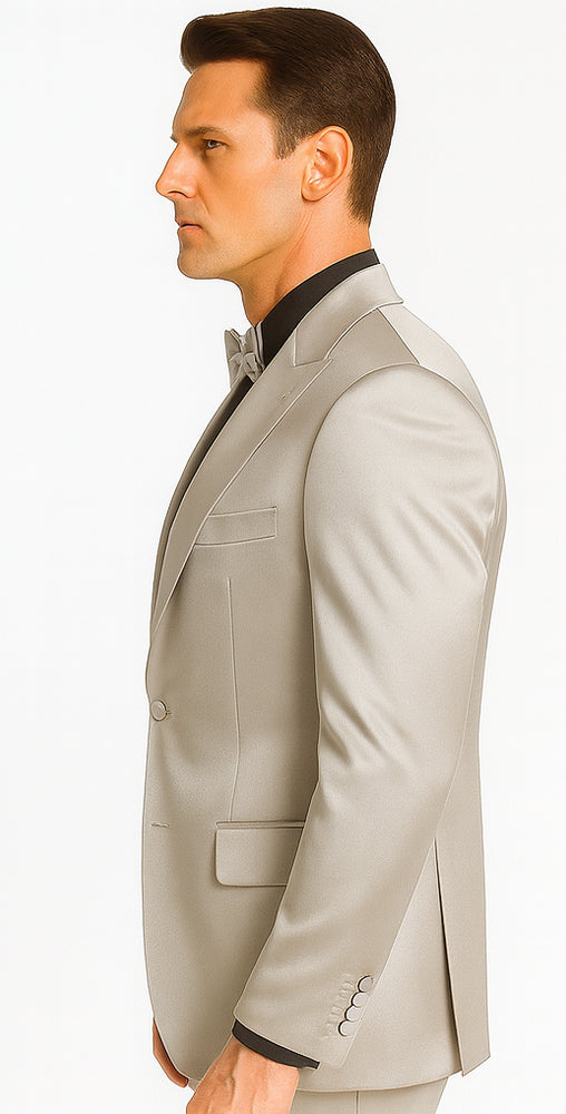 Silver Satin Skinny Fit 3 Piece Tazzio Men's Suit with Peak Lapel Jacket and Double Breasted Vest