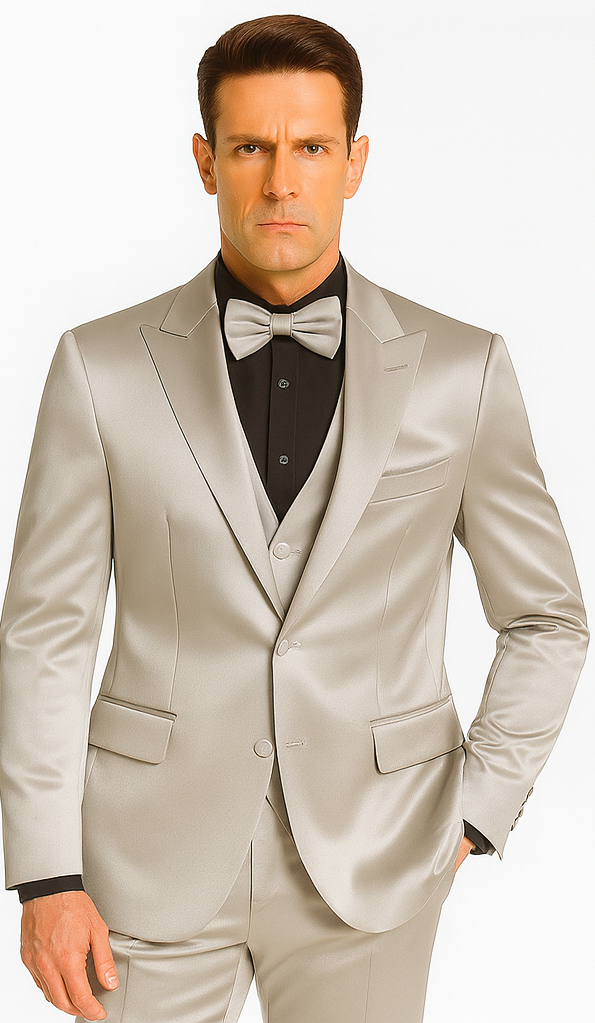 Silver Satin Skinny Fit 3 Piece Tazzio Men's Suit with Peak Lapel Jacket and Double Breasted Vest
