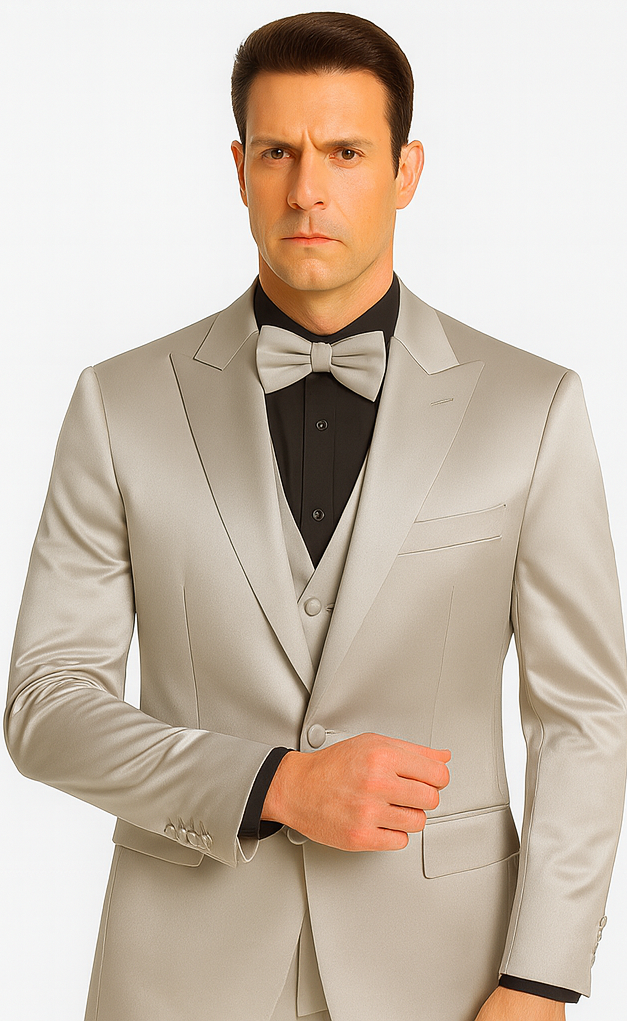 Silver Satin Skinny Fit 3 Piece Tazzio Men's Suit with Peak Lapel Jacket and Double Breasted Vest