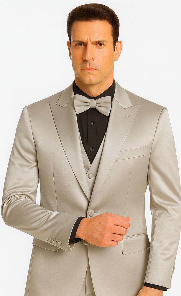 Silver Satin Skinny Fit 3 Piece Tazzio Men's Suit with Peak Lapel Jacket and Double Breasted Vest