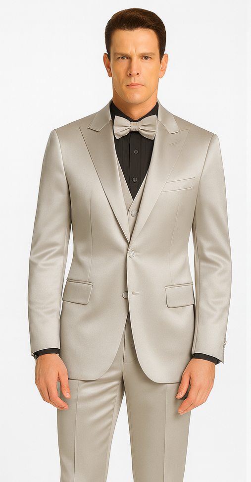 Silver Satin Skinny Fit 3 Piece Tazzio Men's Suit with Peak Lapel Jacket and Double Breasted Vest