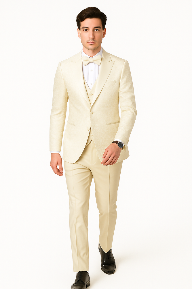 SKU#JA61572 Cream Suit - Ivory Tuxedo - Off White Paisley Suit - Floral Tuxedo - Wedding Tuxedo