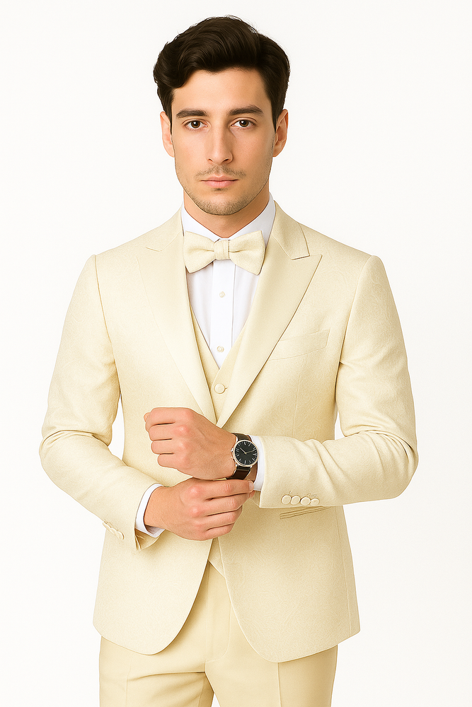 SKU#JA61572 Cream Suit - Ivory Tuxedo - Off White Paisley Suit - Floral Tuxedo - Wedding Tuxedo