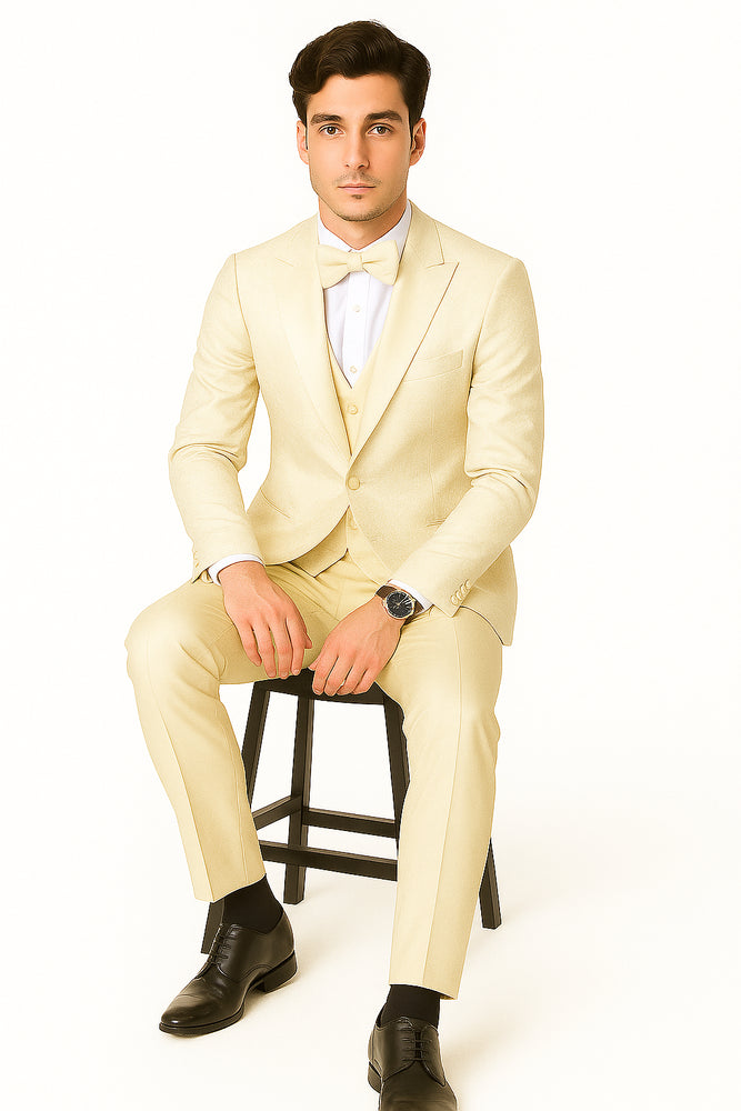 SKU#JA61572 Cream Suit - Ivory Tuxedo - Off White Paisley Suit - Floral Tuxedo - Wedding Tuxedo