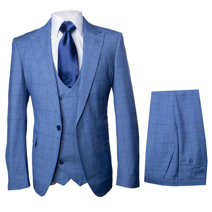 Sky Blue Windowpane 3-Piece Tailored Wedding Suit by Rossiman