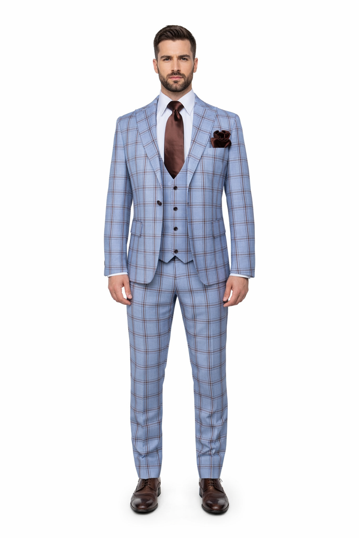 Sky Reflection Blue Windowpane 3-Piece Tailored Suit by Rossiman