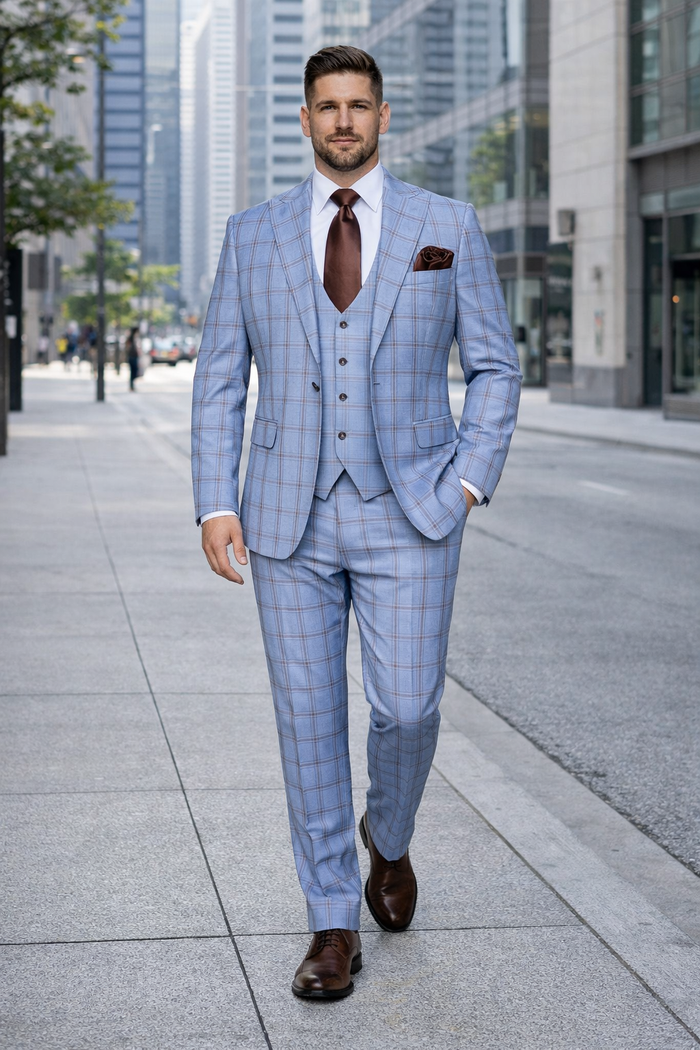 Sky Reflection Blue Windowpane 3-Piece Tailored Suit by Rossiman