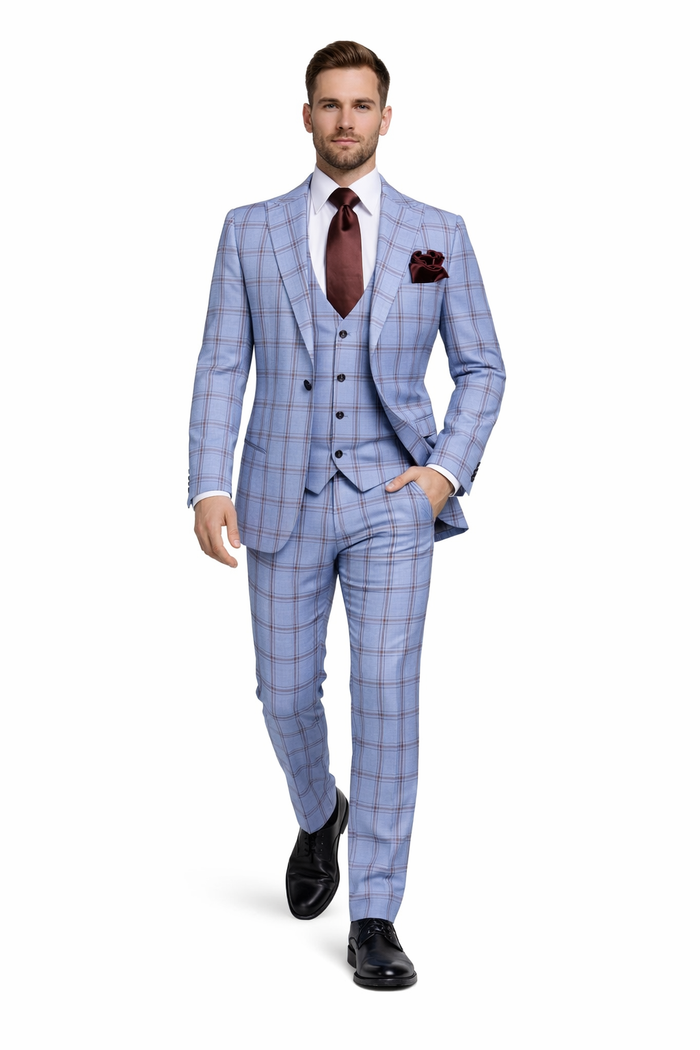 Sky Reflection Blue Windowpane 3-Piece Tailored Suit by Rossiman