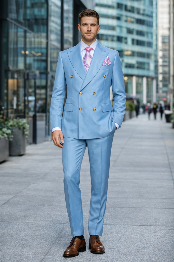 Sky Royale Double-Breasted 3-Piece Luxury Suit in Powder Blue by Rossiman