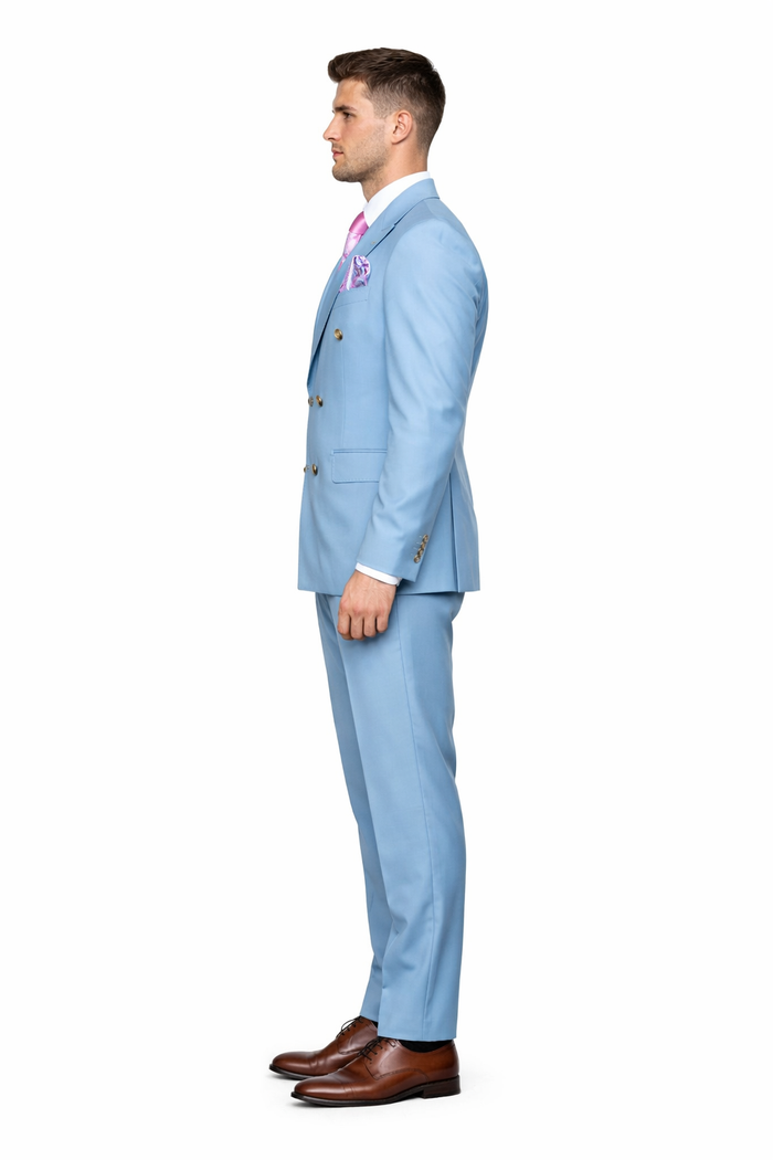 Sky Royale Double-Breasted 3-Piece Luxury Suit in Powder Blue by Rossiman