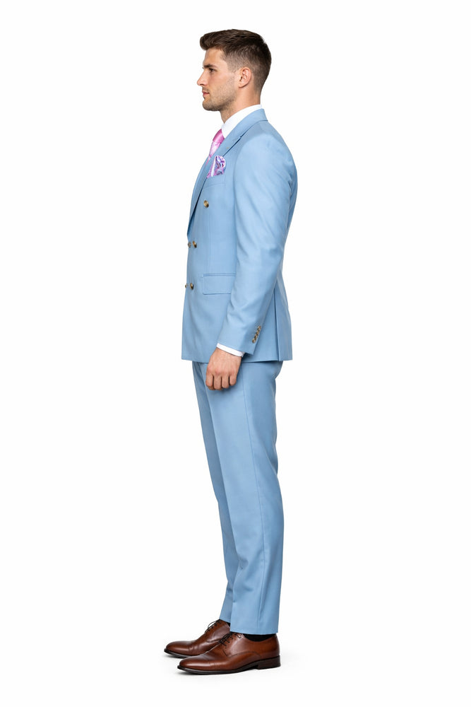 Sky Royale Double-Breasted 3-Piece Luxury Suit in Powder Blue by Rossiman