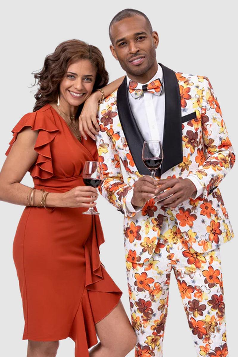 EJ Samuel Men's Floral Tuxedo: Beige & Fern Green