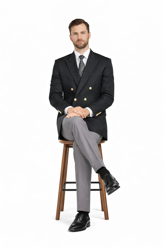 Slim Fit 4 buttons Style Men's Double Breasted Suits Jacket Fabric Blazer Sport Coat in Black or Navy Blue