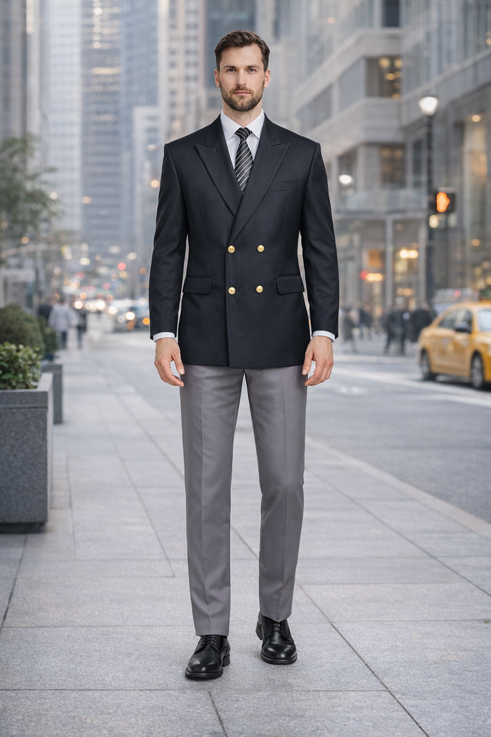Slim Fit 4 buttons Style Men's Double Breasted Suits Jacket Fabric Blazer Sport Coat in Black or Navy Blue