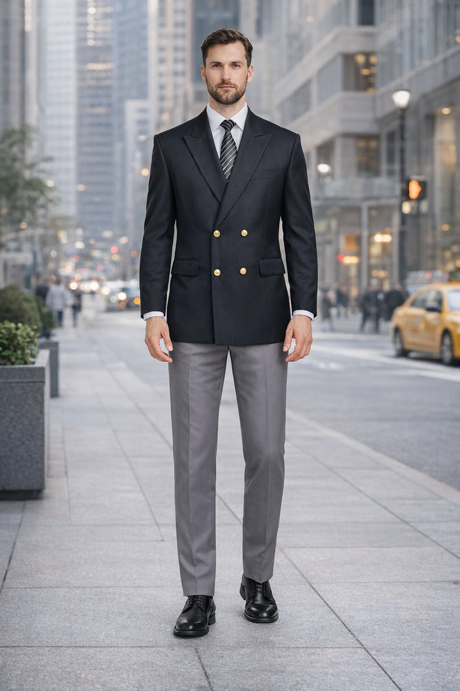 Slim Fit 4 buttons Style Men's Double Breasted Suits Jacket Fabric Blazer Sport Coat in Black or Navy Blue