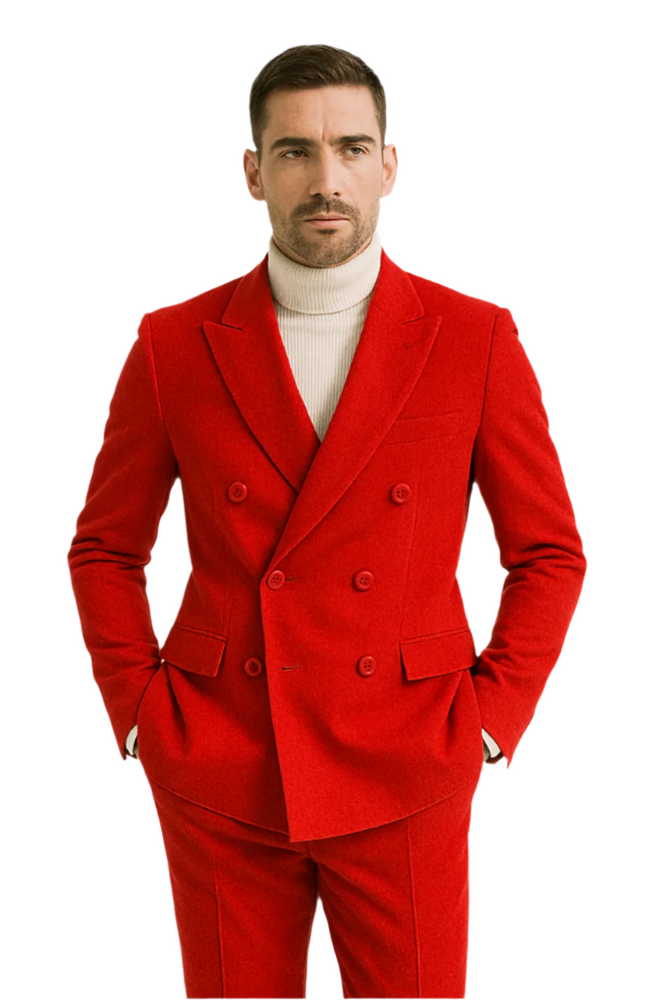 Mens Slim Fit Red Velvet Double Breasted Suit with Peak Lapel – Formal Tuxedo Style