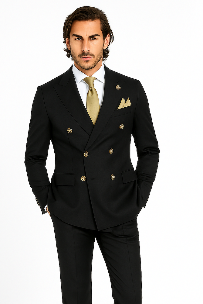 Slim Fitted Cut Mens Double Breasted Suit - Fabric - Flat Front Pants - 100% Wool Fabric