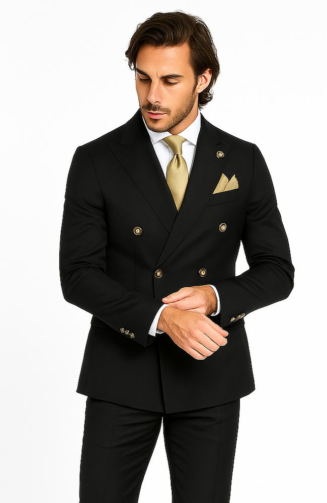 Slim Fitted Cut Mens Double Breasted Suit - Fabric - Flat Front Pants - 100% Wool Fabric