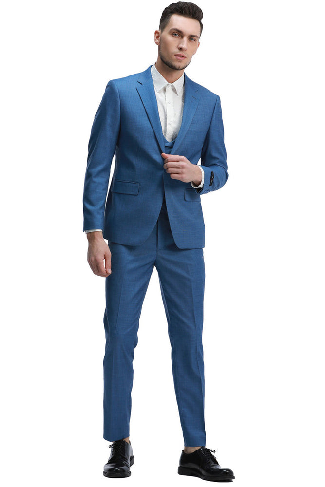 Men's Indigo Blue Sharkskin Suit with One Button Vest