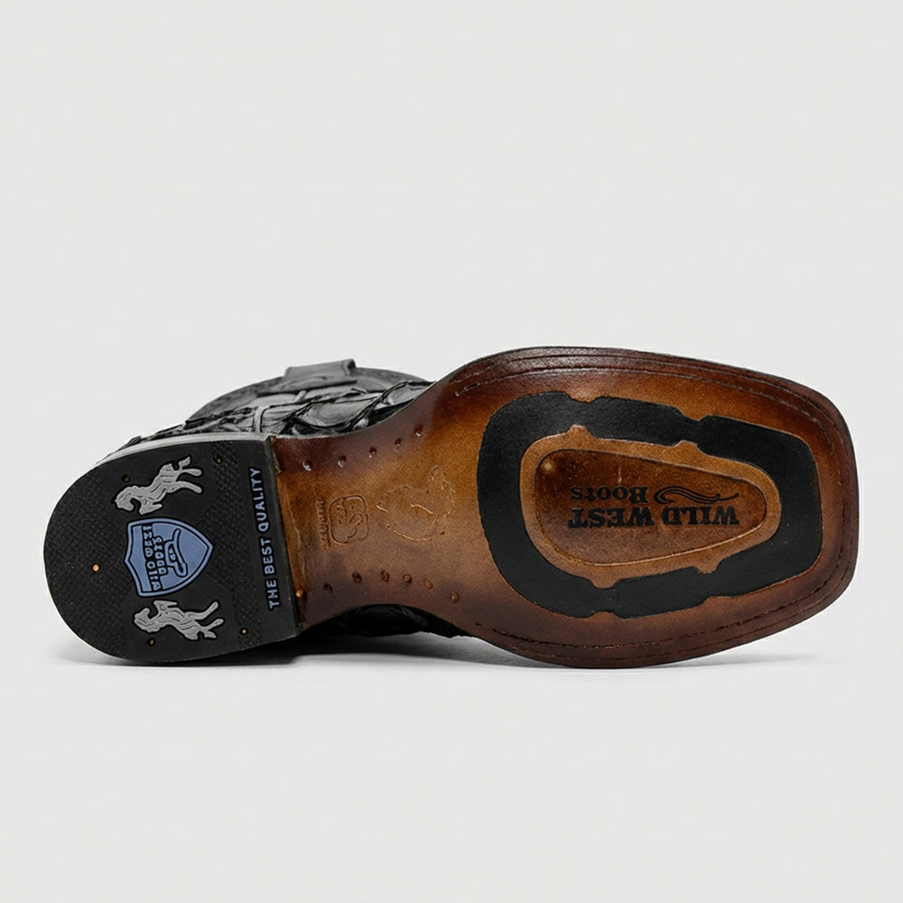 Wild West men's black genuine Stingray leather square toe cowboy boot on a gray background.