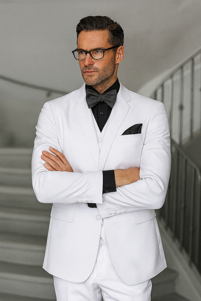 Statement Confidence Men's Solid All White Suit For Men 2 Button Modern Fit Suits Wool Suit