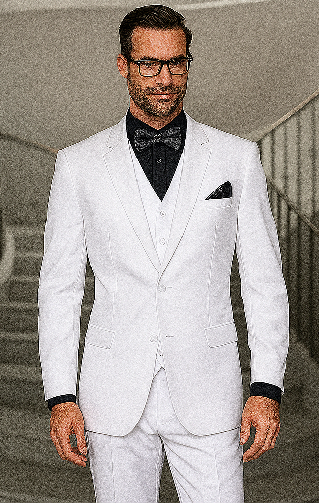 Statement Confidence Men's Solid All White Suit For Men 2 Button Modern Fit Suits Wool Suit