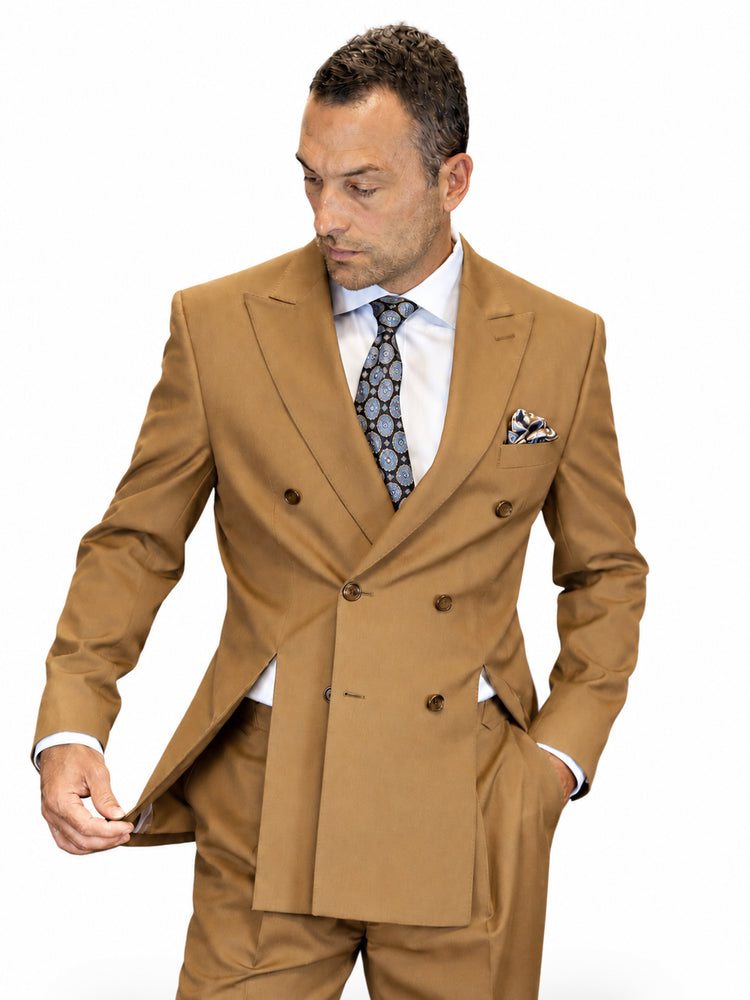 Statement Mens 2 Piece 100% Wool Modern Fit Double Breasted Suit - Front Vents in Camel