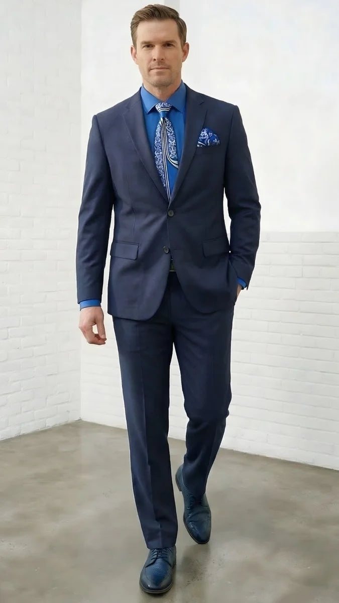 Statement Mens Modern Fit 2 Piece 100% Super 200s Wool Suit – Solid Colors, Notch Lapel Jacket