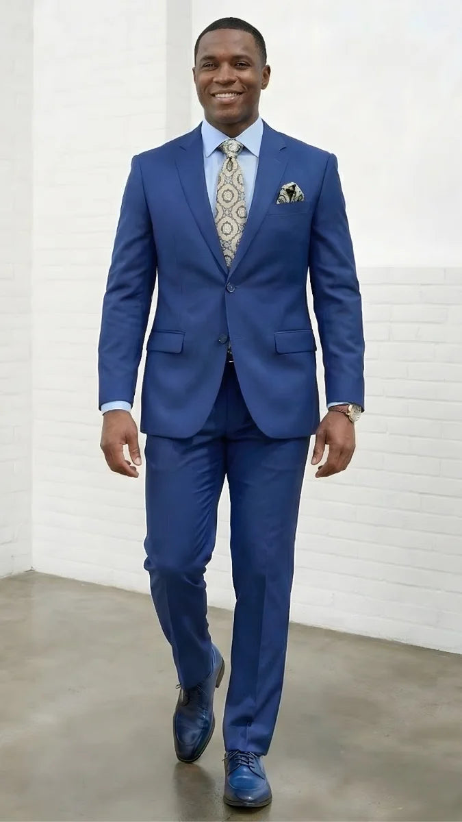Statement Mens Modern Fit 2 Piece 100% Super 200s Wool Suit – Solid Colors, Notch Lapel Jacket