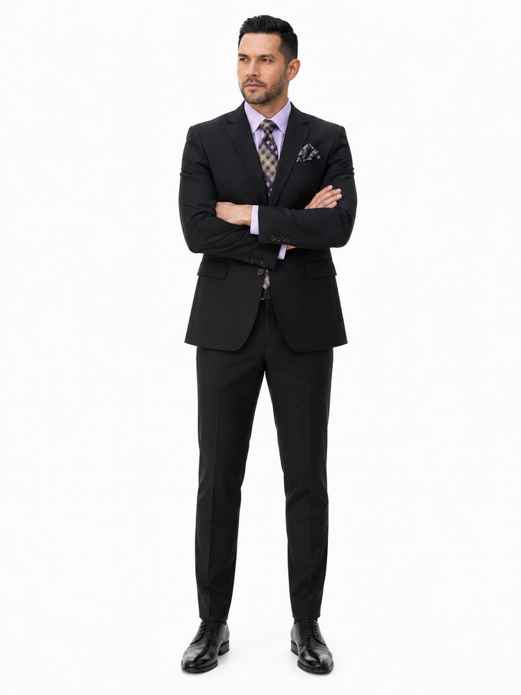 Statement Mens Modern Fit 2 Piece 100% Super 200s Wool Suit – Solid Colors, Notch Lapel Jacket