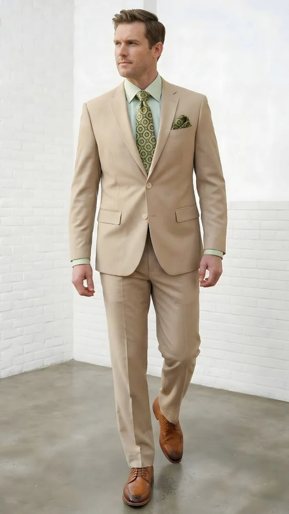 Statement Mens Modern Fit 2 Piece 100% Super 200s Wool Suit – Solid Colors, Notch Lapel Jacket
