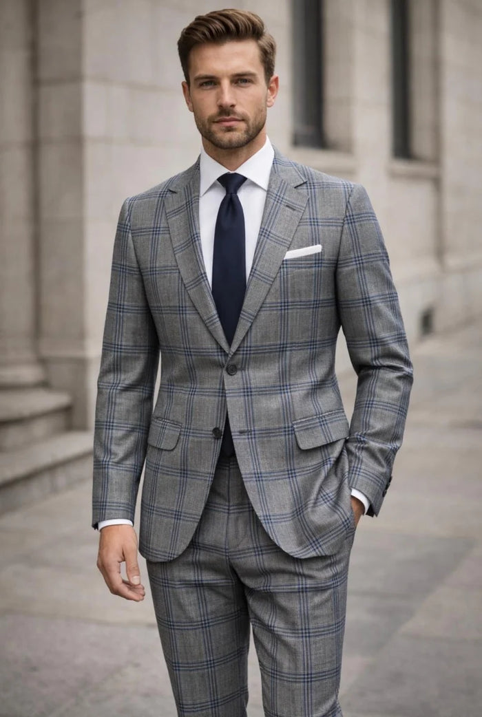 Statement Mens Modern Fit 2 Piece 100% Super 200s Wool Windowpane Plaid Suit – Single Breasted Notch Lapel Jacket