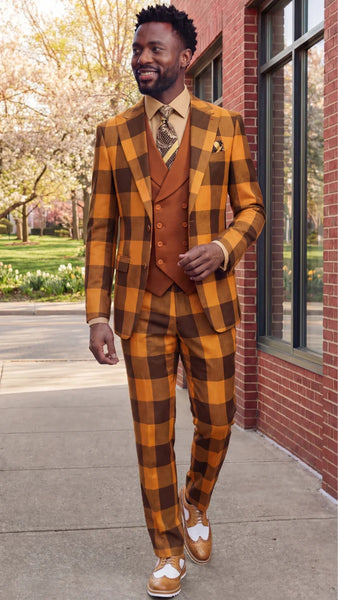 Statement Mens Modern Fit 3 Piece 100% Super 200s Wool Large Checker Suit – Double Breasted Vest