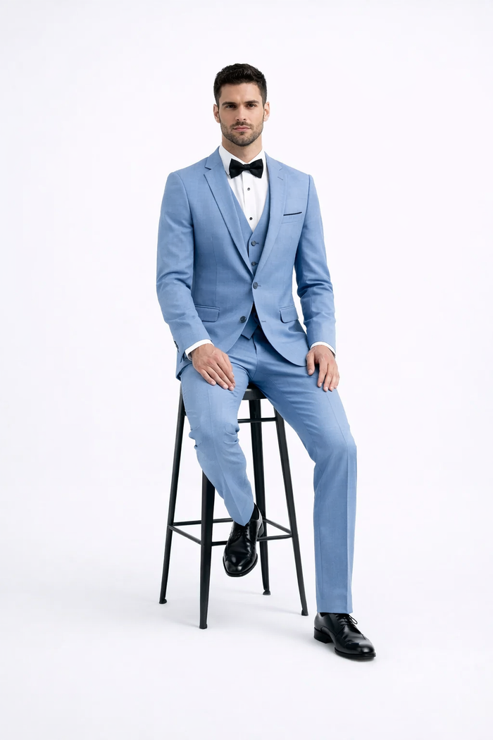 Steel Blue ~ Powder Steel Blue Suit 2 button Vested Flat Front Pants - Dusty Blue Suit