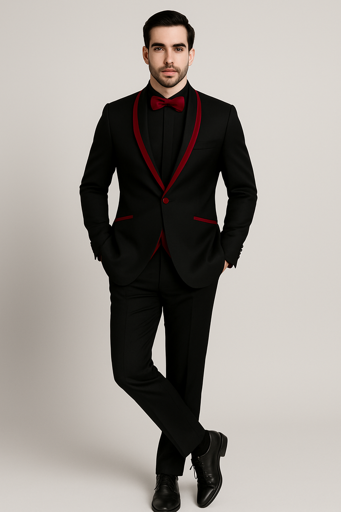 Prom 2026 ~ Wedding Tuxedo Dinner Jacket Black/Burgundy Trim