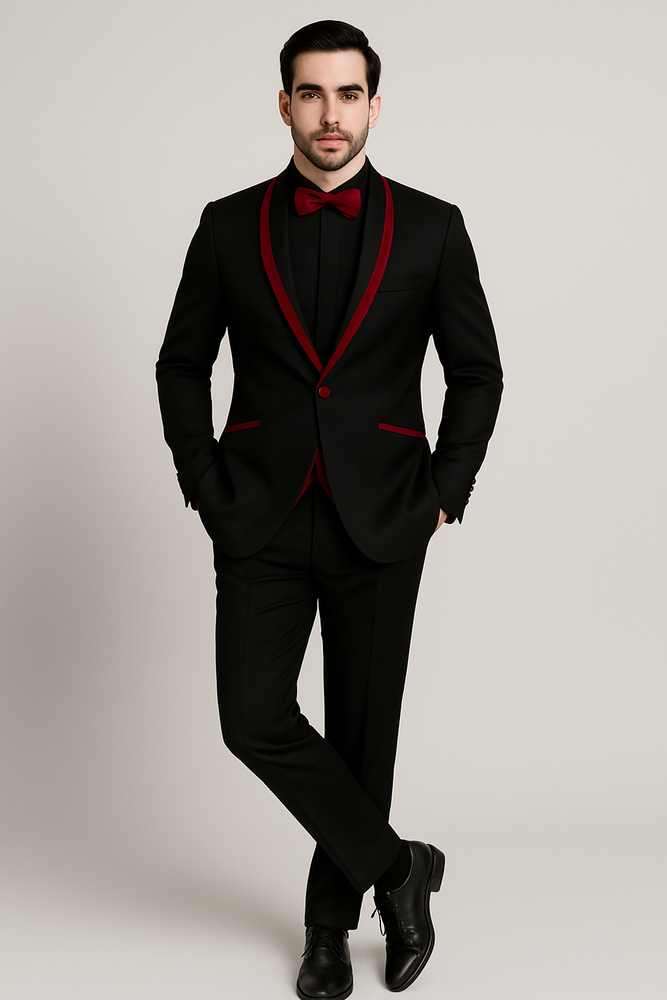 Prom 2025 ~ Wedding Tuxedo Dinner Jacket Black/Burgundy Trim
