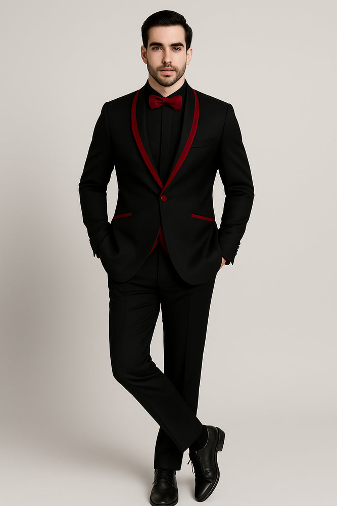 Prom 2026 ~ Wedding Tuxedo Dinner Jacket Black/Burgundy Trim