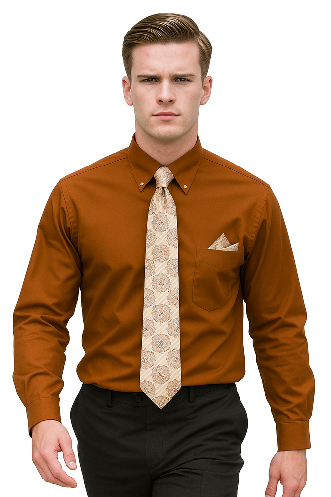 Brown Pin Collar Dress Shirt With Collar Bar