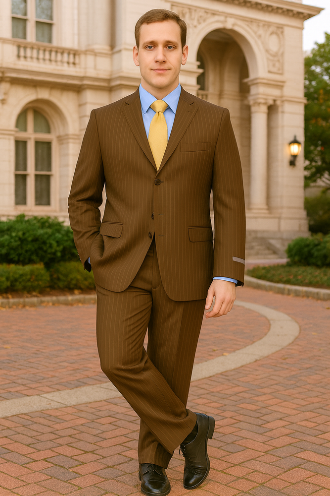 Brown Pinstripe Feel Poly-Rayon Three ~ 3 Buttons Style Suit Pleated Pants