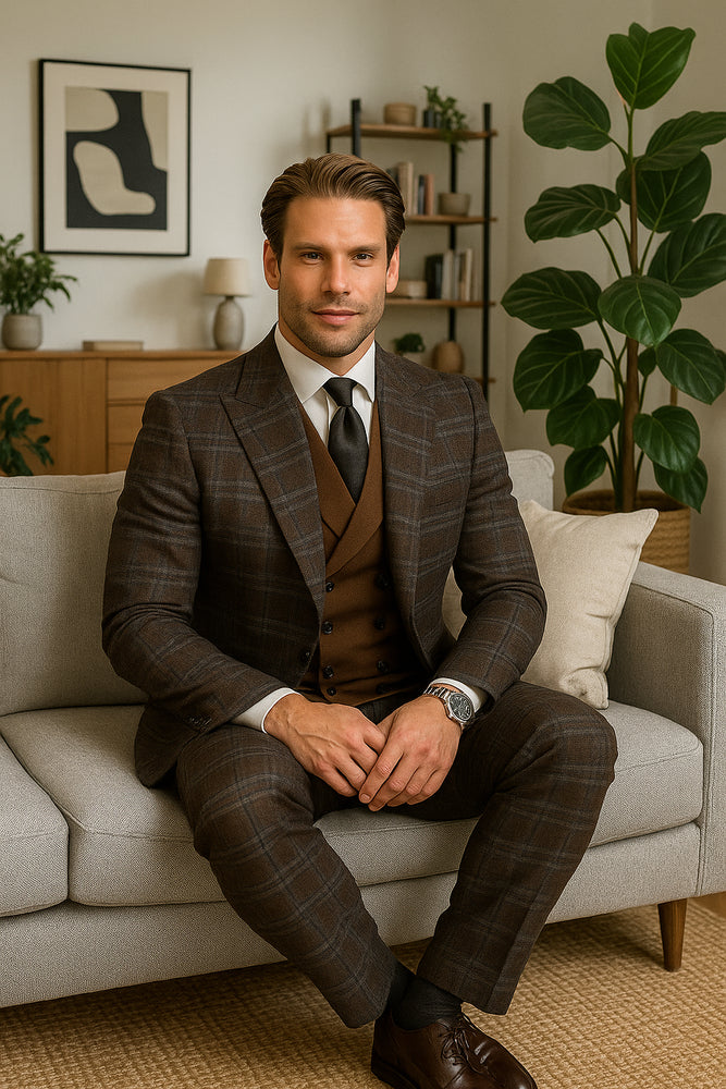 Athletic Suit - Brown Windowpane - Plaid Suit Modern Fit Side Vented Super 150's Wool Fabric