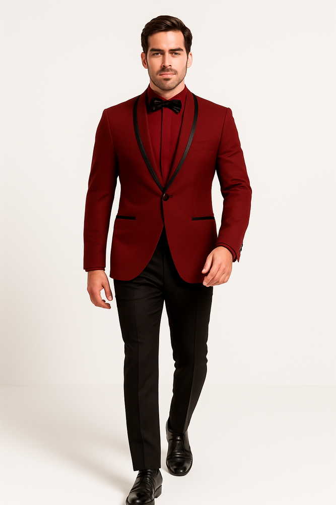 Prom 2025 ~ Wedding Tuxedo Dinner Jacket Burgundy and Black Trim