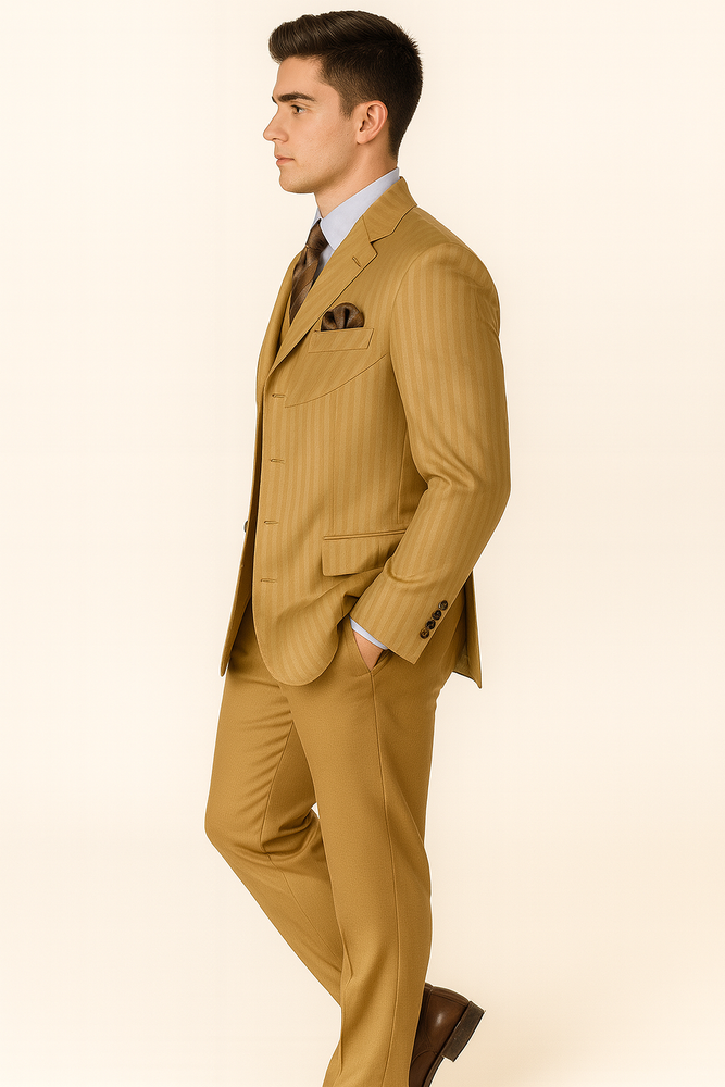 "Gold Men's Fashion Suit - 4 Button, Semi Wide Leg, Shiny Tonal Stripe"