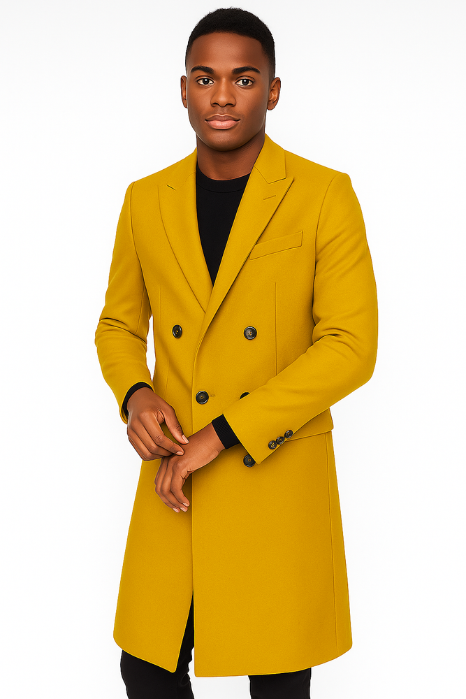 Men's Gold 44Inch Long Double Breasted Overcoat Winter Men's Topcoat Sale