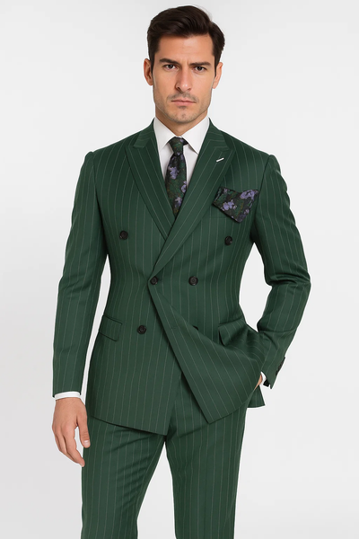 Mens Six Button Peak Lapel Double Breasted Green Suit