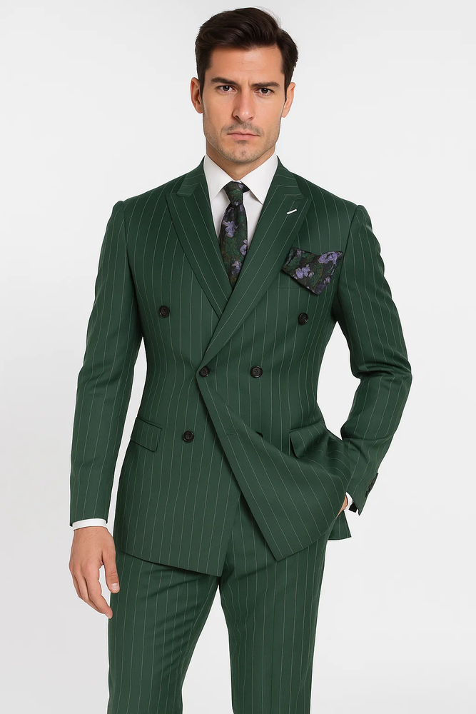 Mens Six Button Peak Lapel Double Breasted Green Suit