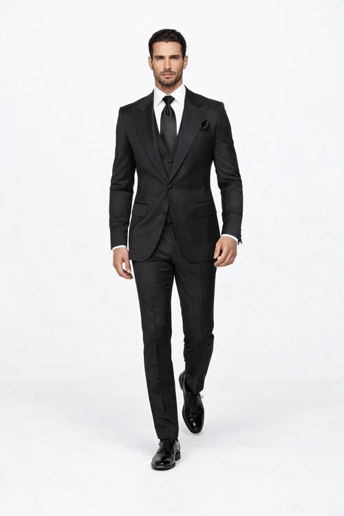 Suits With Baggy Pleated Pants - Wide Leg Pants 100% Wool - Classic Fit in Black Color by Rossiman